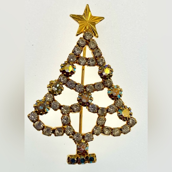 Vintage Gold Tone Sparkling Crystals Some AB Christmas Tree Brooch Pin - Picture 7 of 7